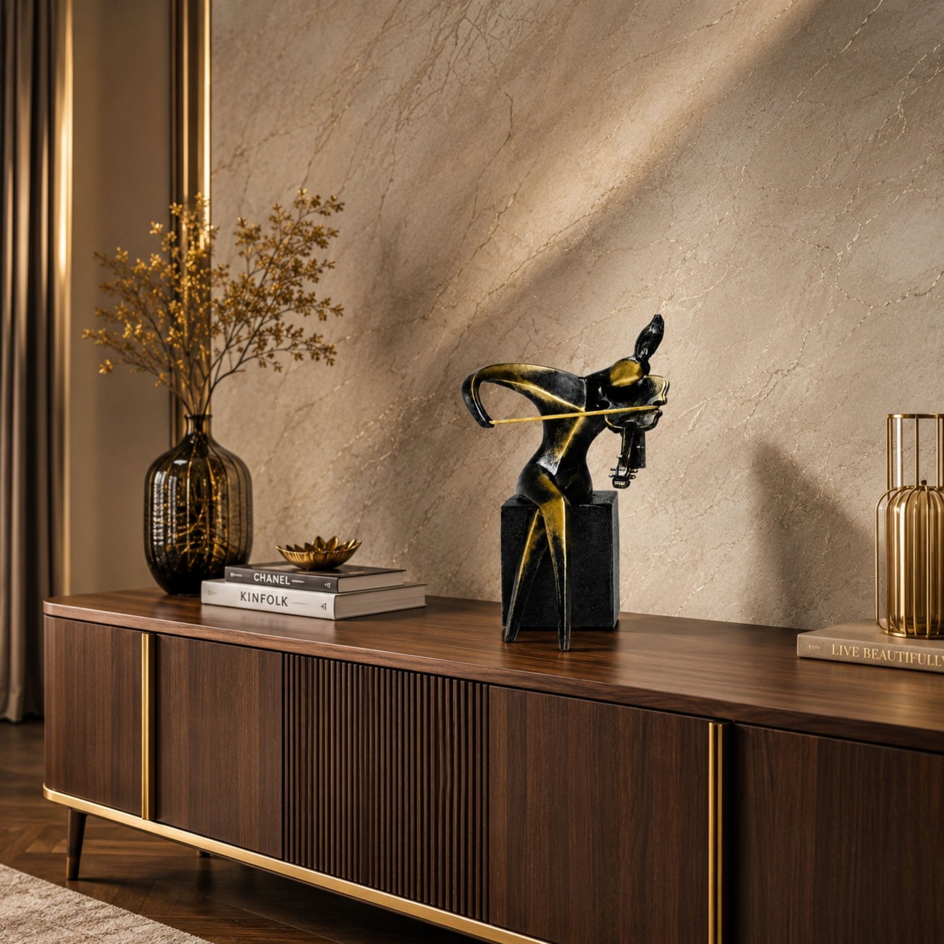 Black and Gold Abstract Musician Sculpture with Violin for Home Decor-1
