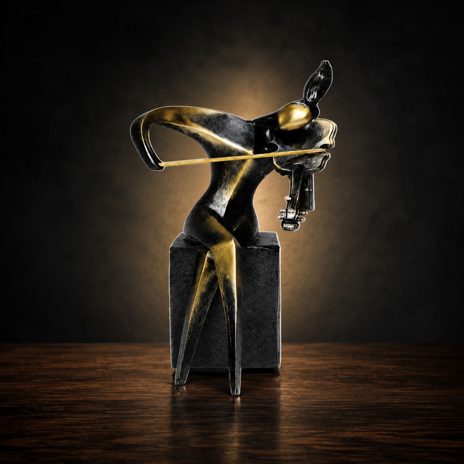 Black and Gold Abstract Musician Sculpture with Violin for Home Decor