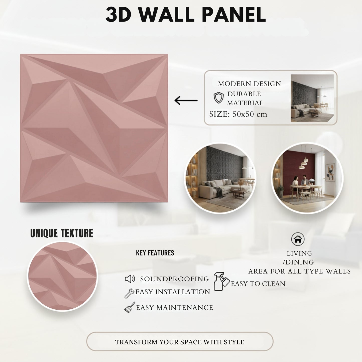 3D Wall Panels For Home Decor - Alps Design 50X50 cm | Blush Pink