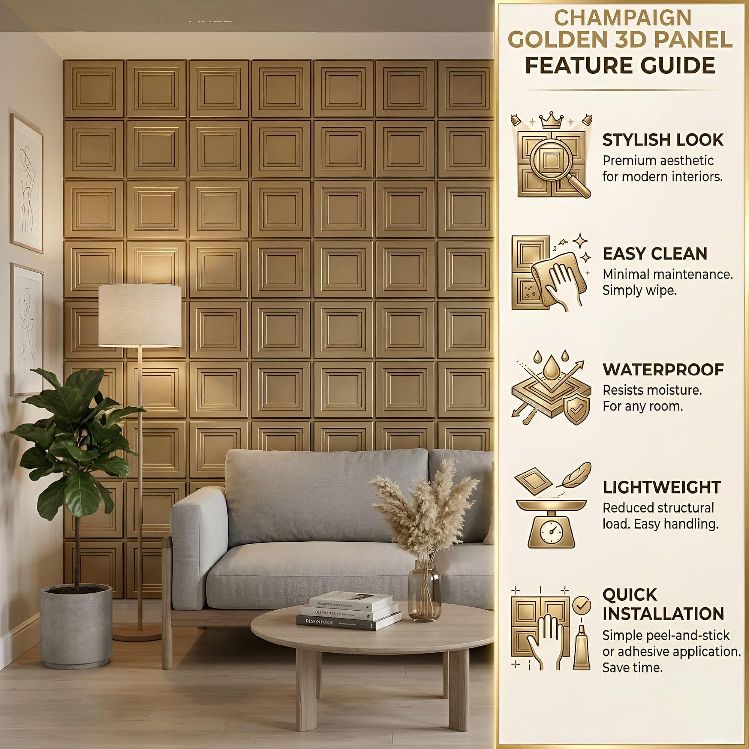 Champagne Gold 3D Wall Panels Square Box Design
