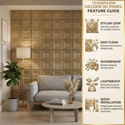 Champagne Gold 3D Wall Panels Square Box Design
