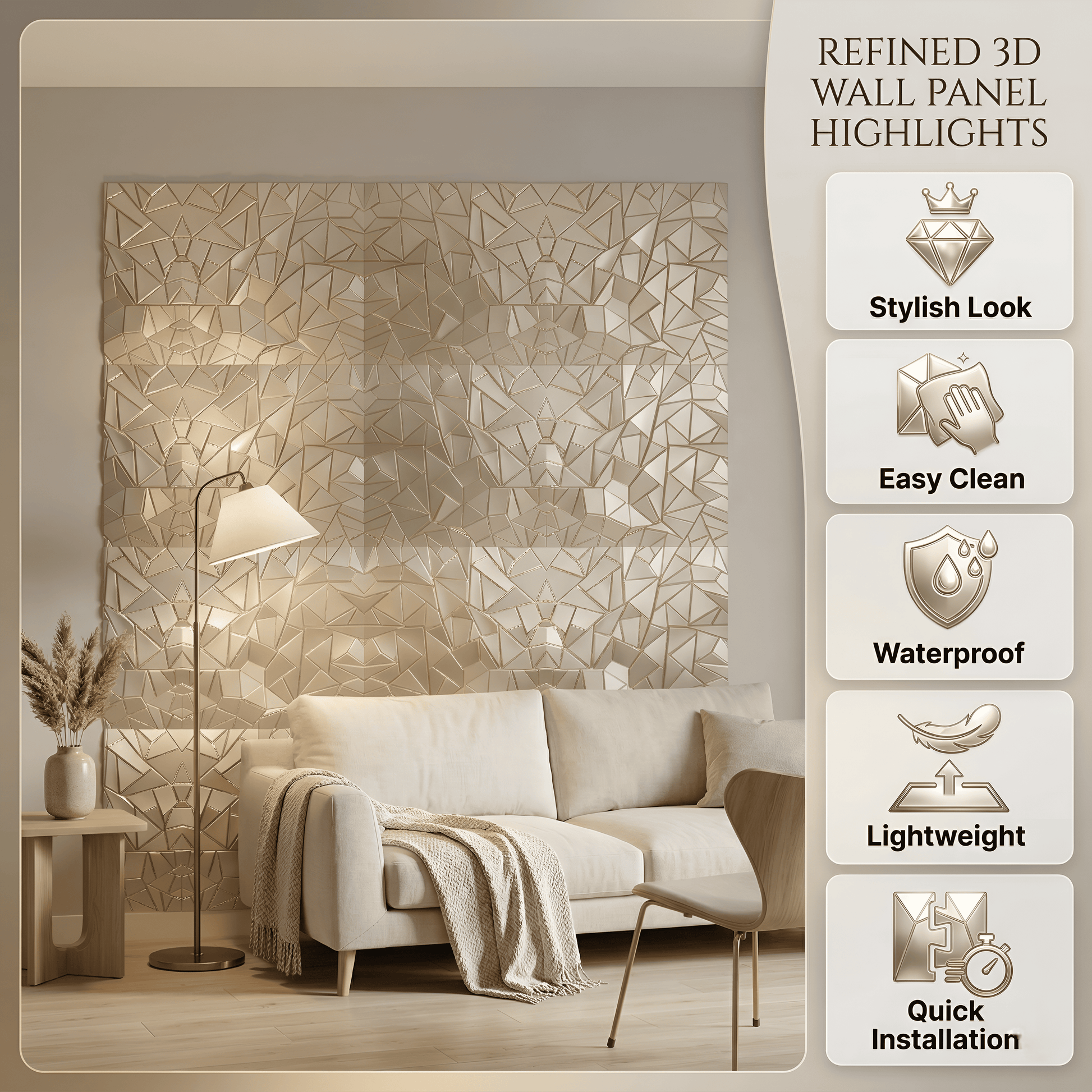 Champagne Gold Geometric Design 3D Wall Panel-5