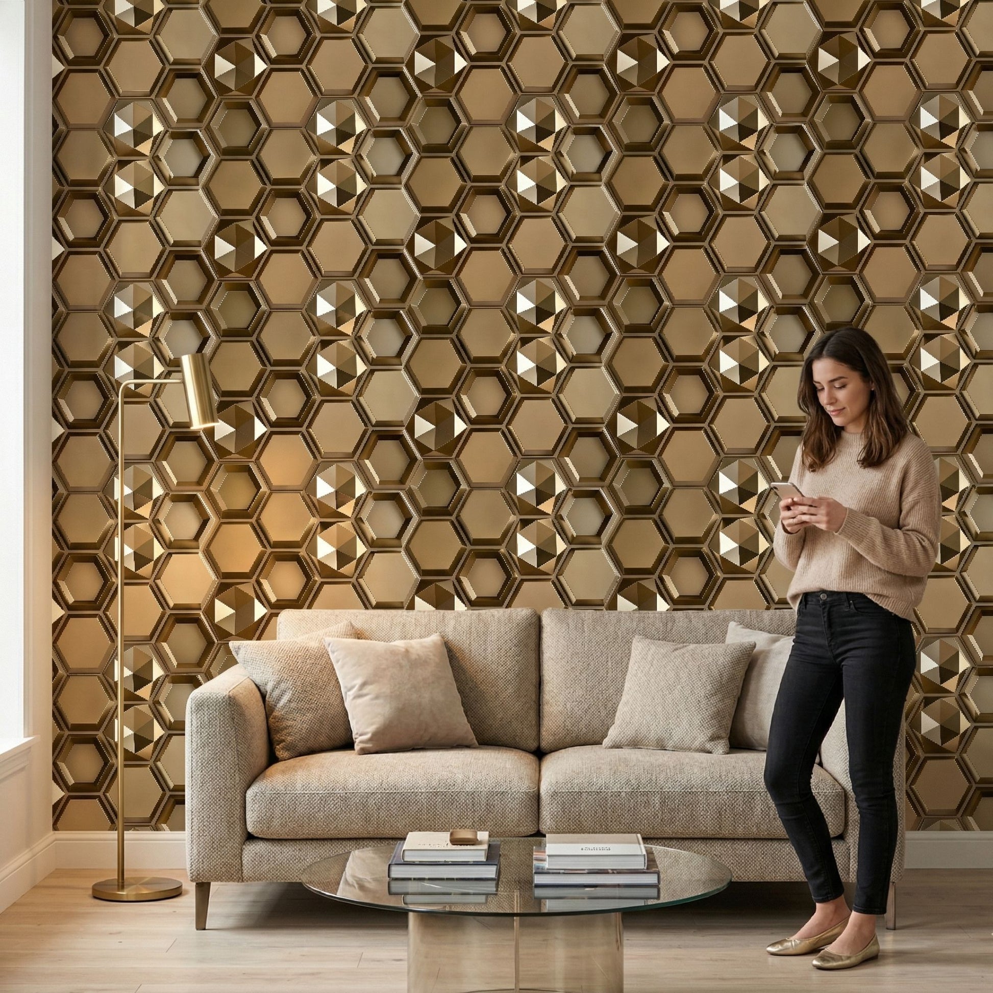 Champagne Gold Hexagon Design 3D Wall Panels-1