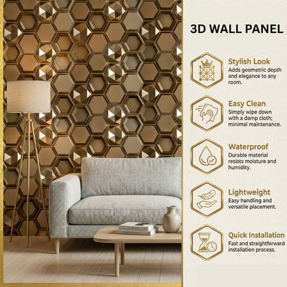 Champagne Gold Hexagon Design 3D Wall Panels-2