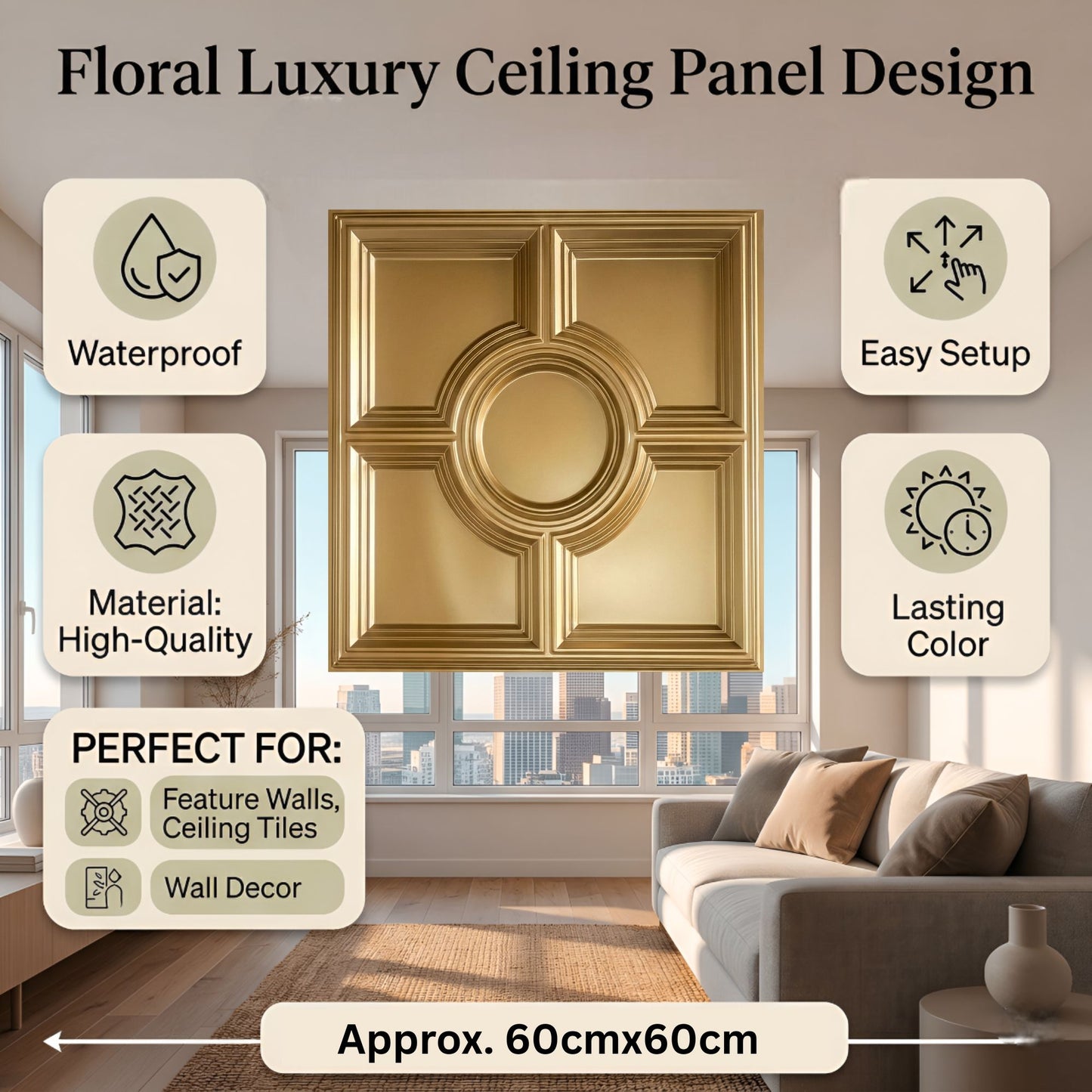 Champagne Gold Regal Medallion Design 3D PVC Ceiling Panel  Features View