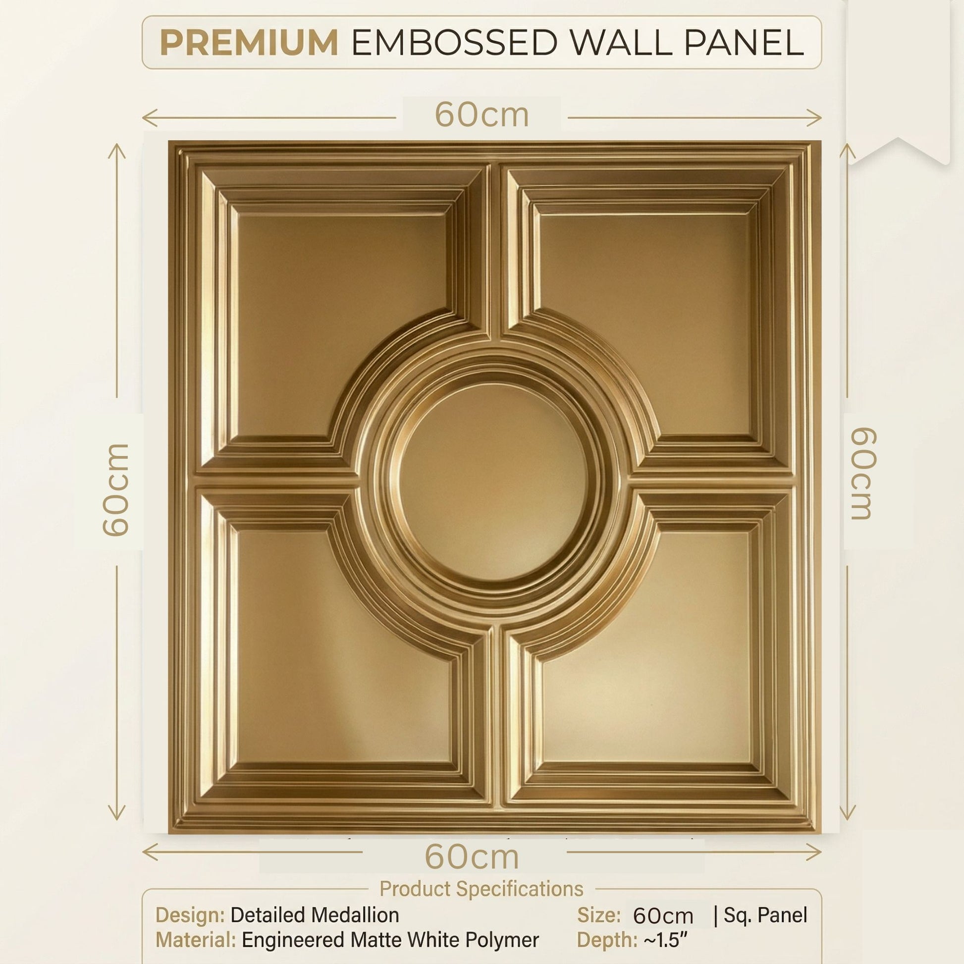 Champagne Gold Regal Medallion Design 3D PVC Ceiling Panel Measurement View