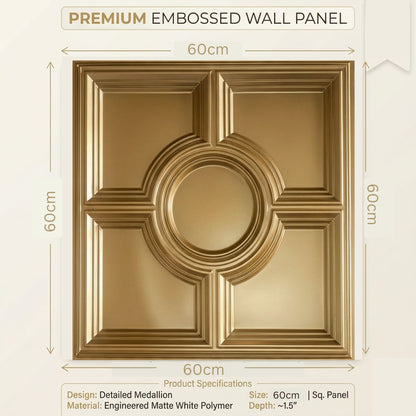 Champagne Gold Regal Medallion Design 3D PVC Ceiling Panel Measurement View