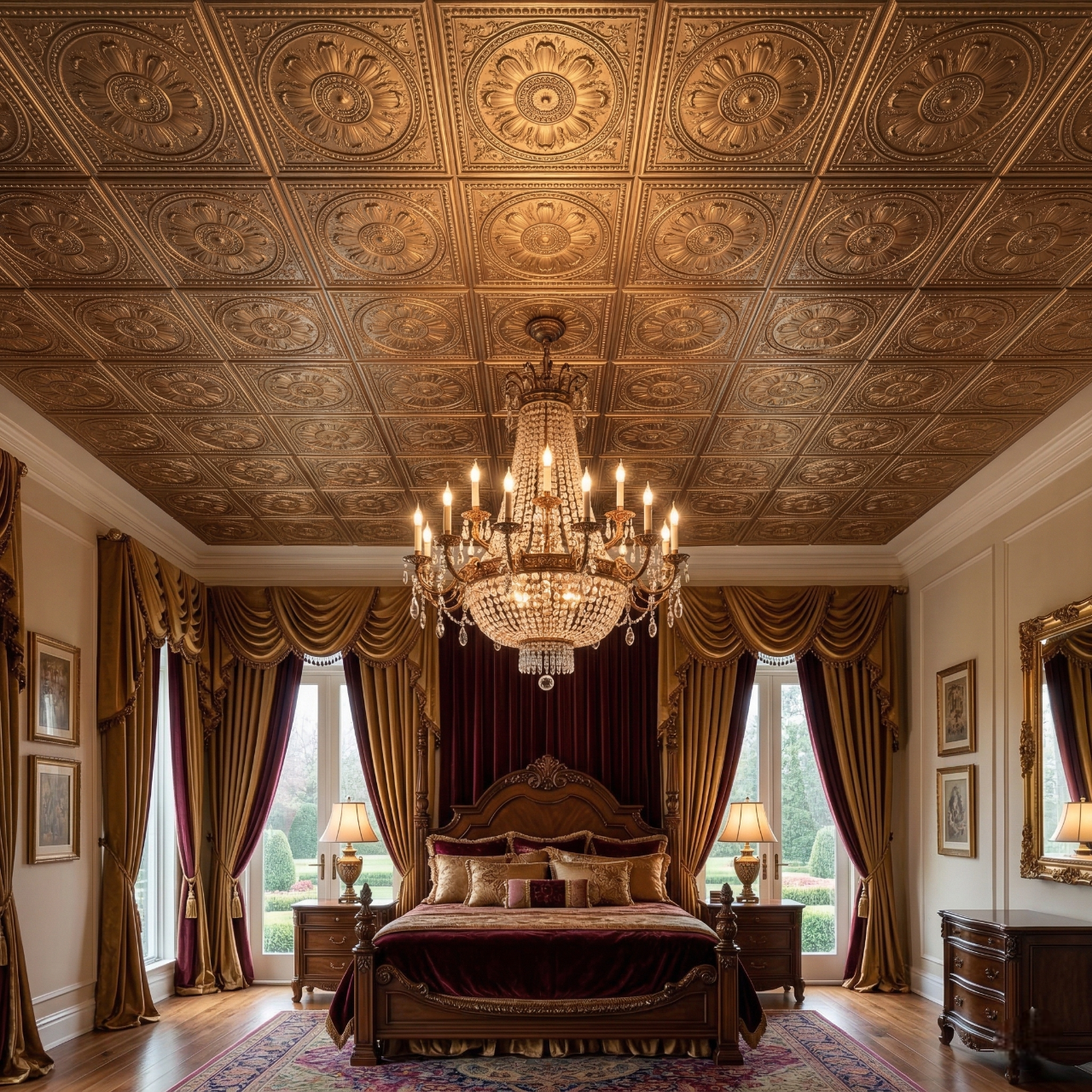 Champagne gold  Ornate Design 3D PVC Ceiling Panel Living Room View