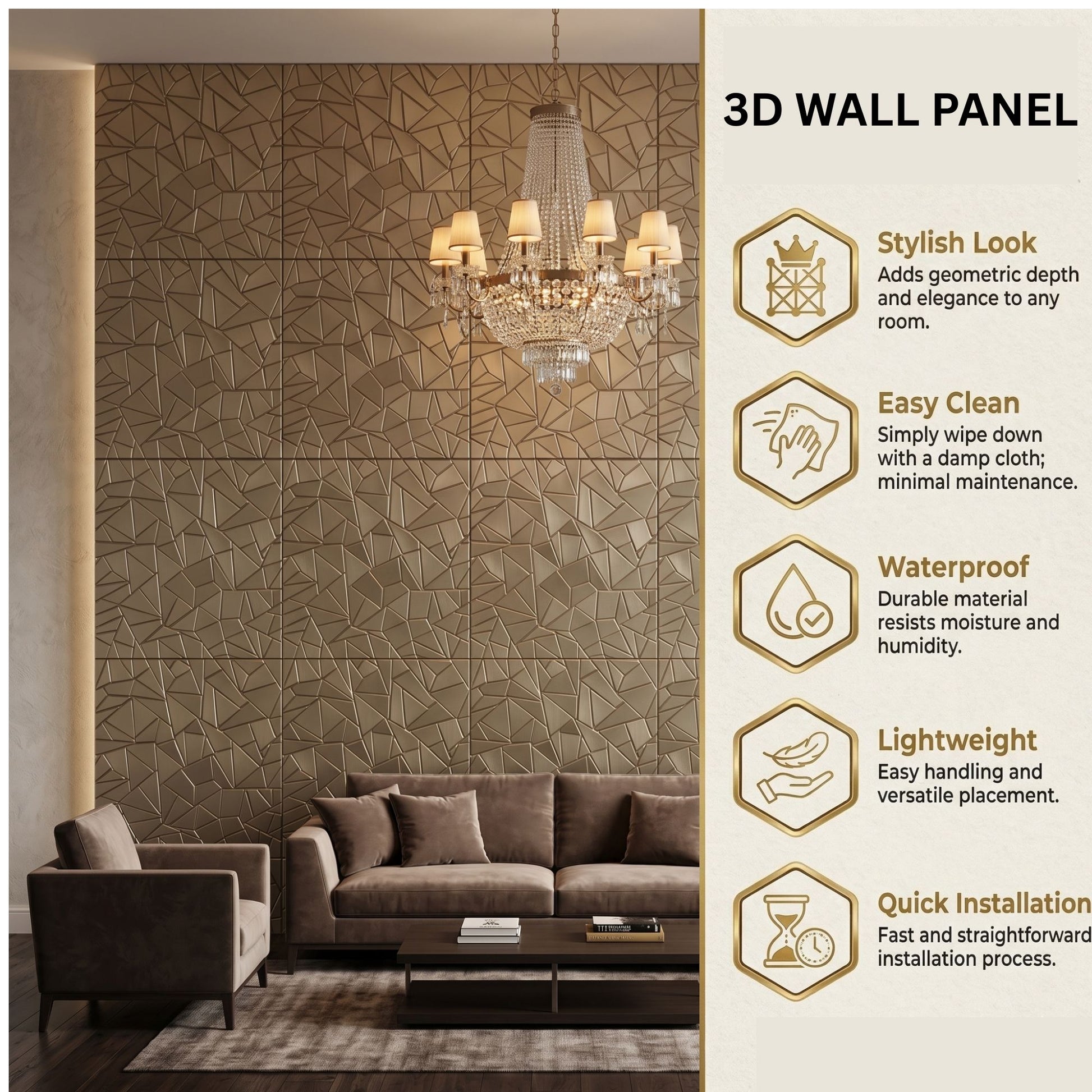 Champagne Gold Self Adhesive 3D Panels Triangle Design