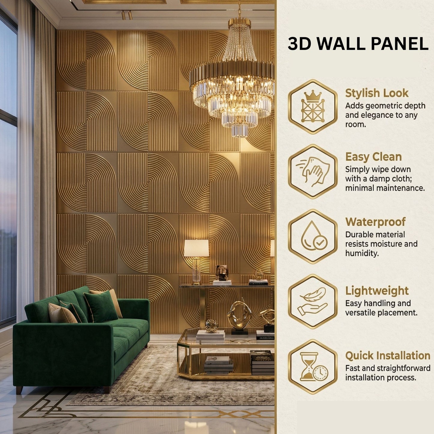Champagne Gold Self Adhesive 3D Panels Curve Design