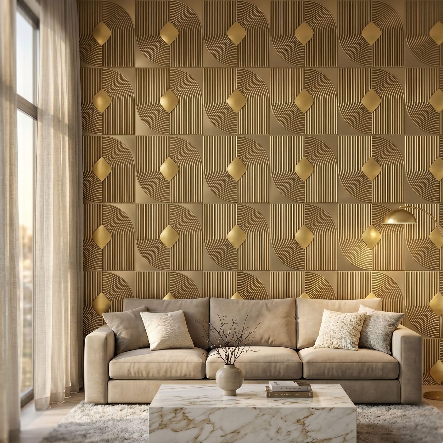 Champagne Gold Self Adhesive Panels Curve Line Design
