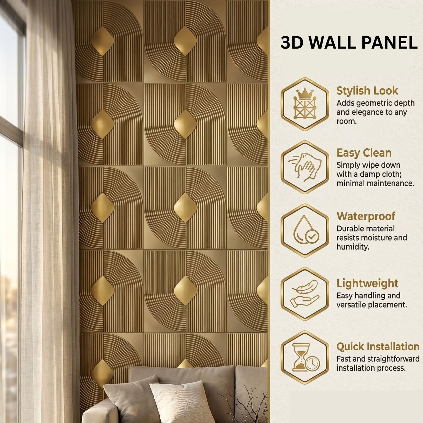 Champagne Gold Self Adhesive Panels Curve Line Design
