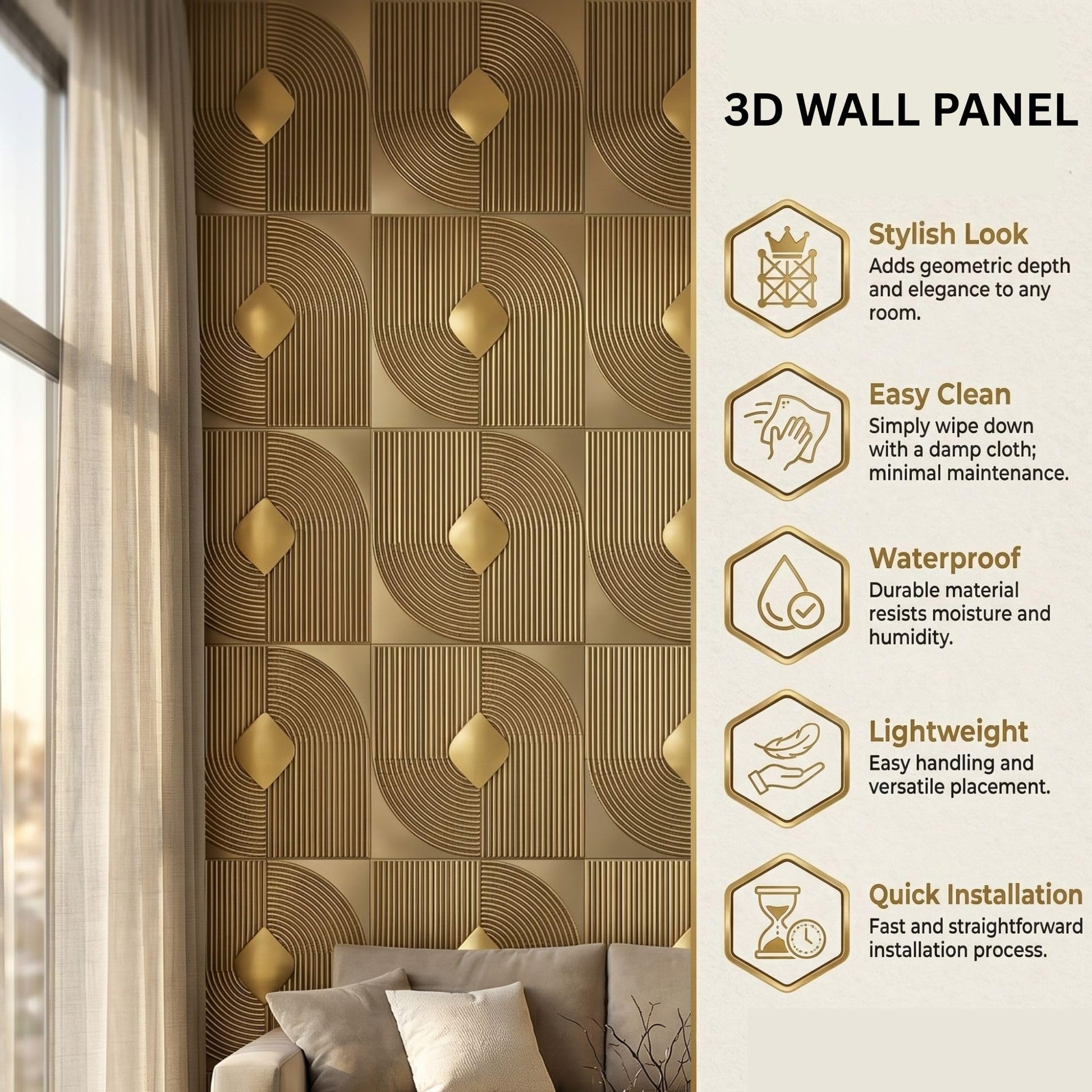 Champagne Gold Self Adhesive Panels Curve Line Design
