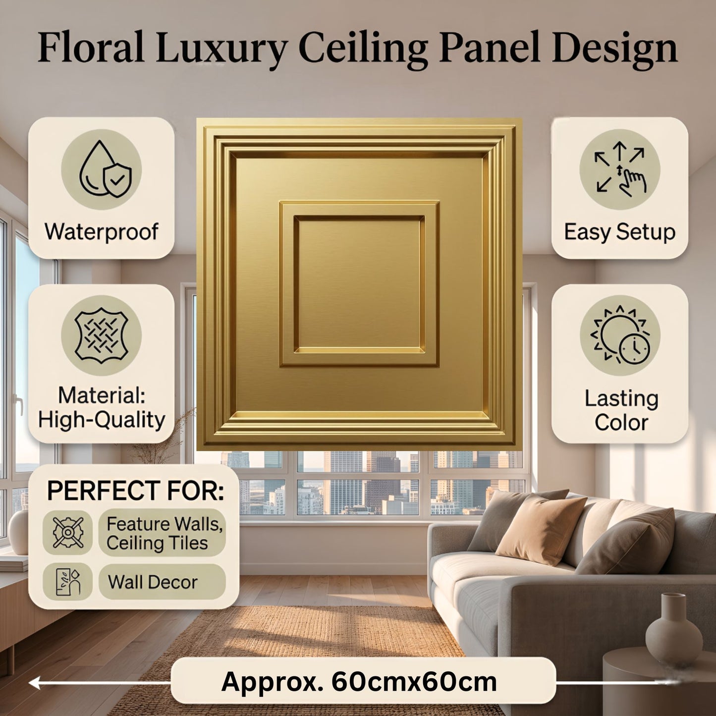 Champagne Gold Square Design 3D PVC Ceiling Panel  Features View