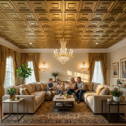 Champagne Gold Square Design 3D PVC Ceiling Panel Living Room View