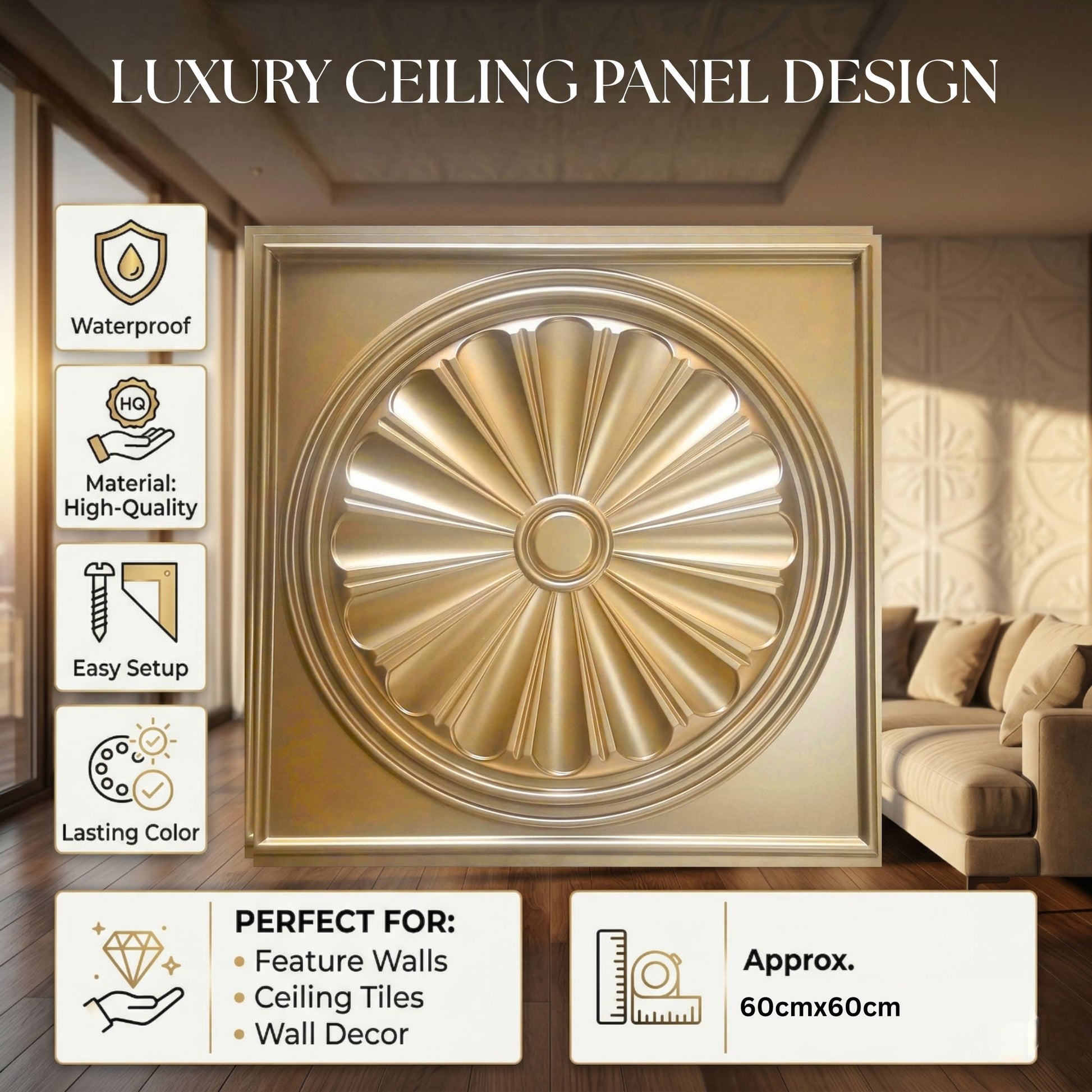 Champagne Gold Sunburst Design 3D PVC Ceiling Panel Features  View