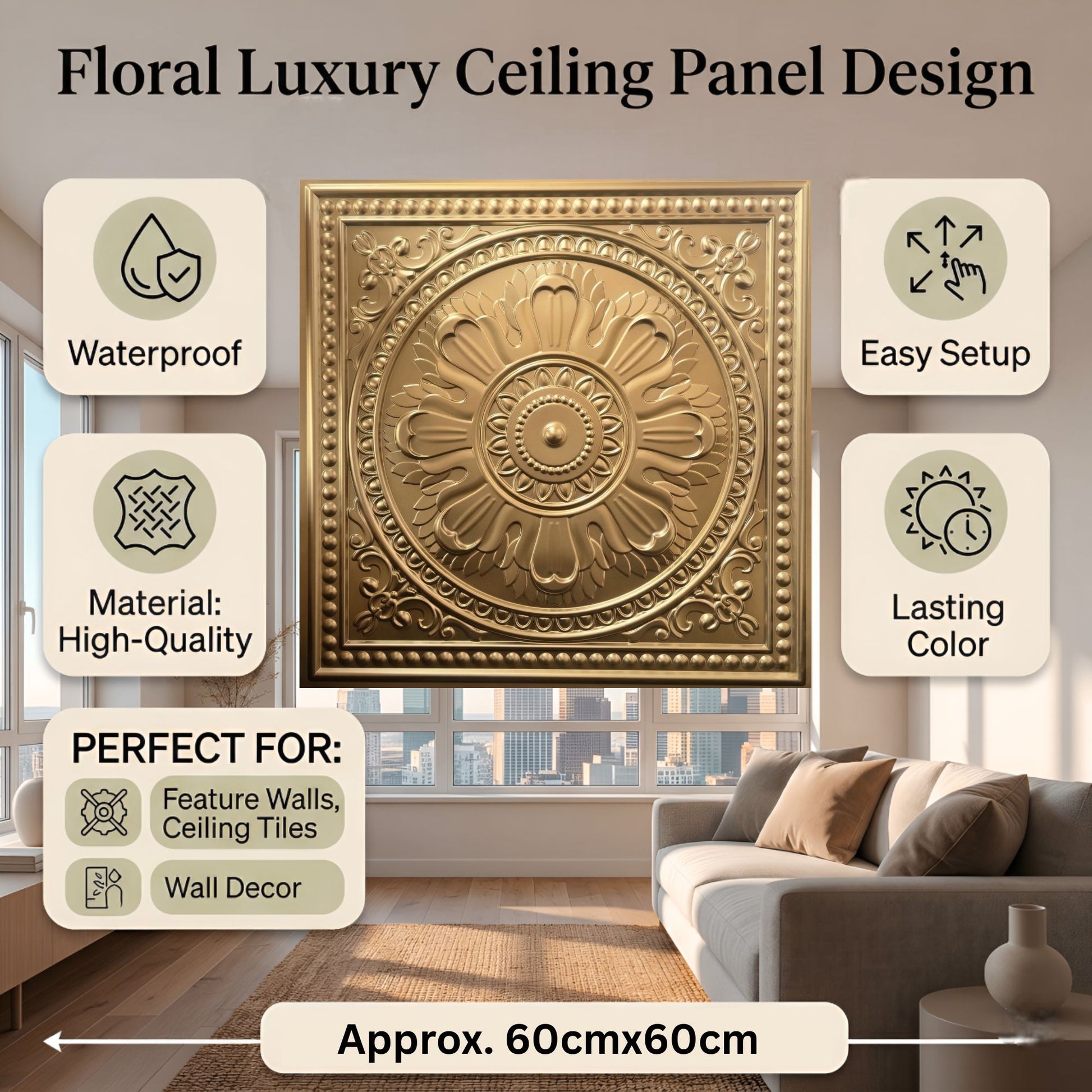 Champagne gold  Ornate Design 3D PVC Ceiling Panel Features View