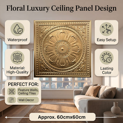 Champagne gold  Ornate Design 3D PVC Ceiling Panel Features View