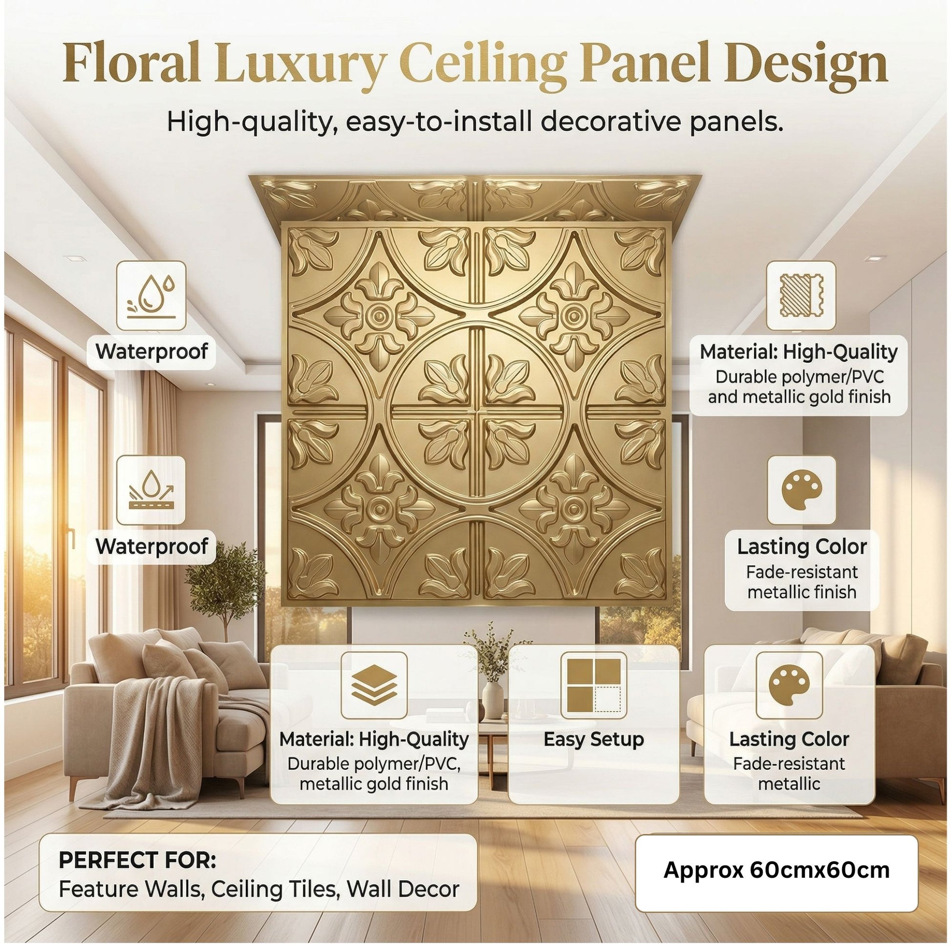 Champaign Gold Ornamental Floral Design 3D PVC Ceiling Panel Red Copper Features View