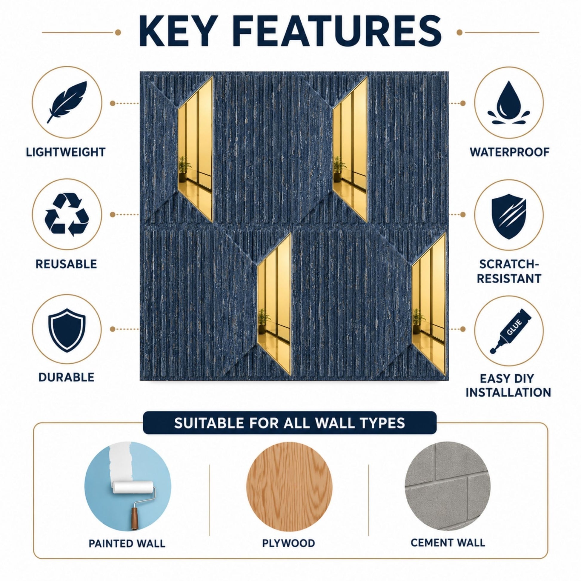 Electric Blue Gold Artisan Design Acrylic 3D Wall Panel-4