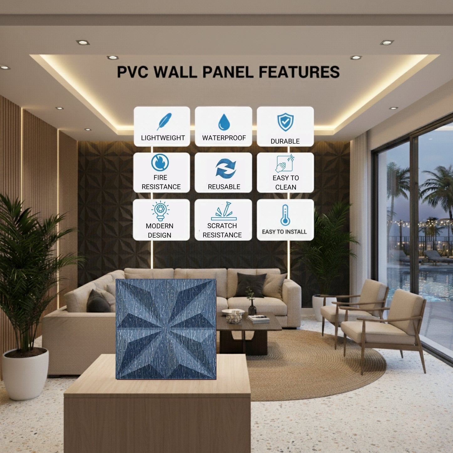 Electric Blue Crystal Design 3D Wall Panel View-3
