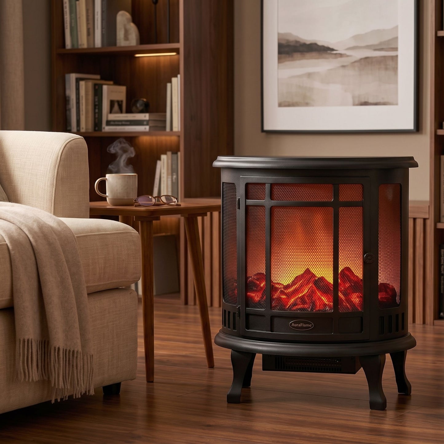 Freestanding black curved fireplace stove with mesh front panel and legs, featuring glowing LED flame effect and burning log bed.-1