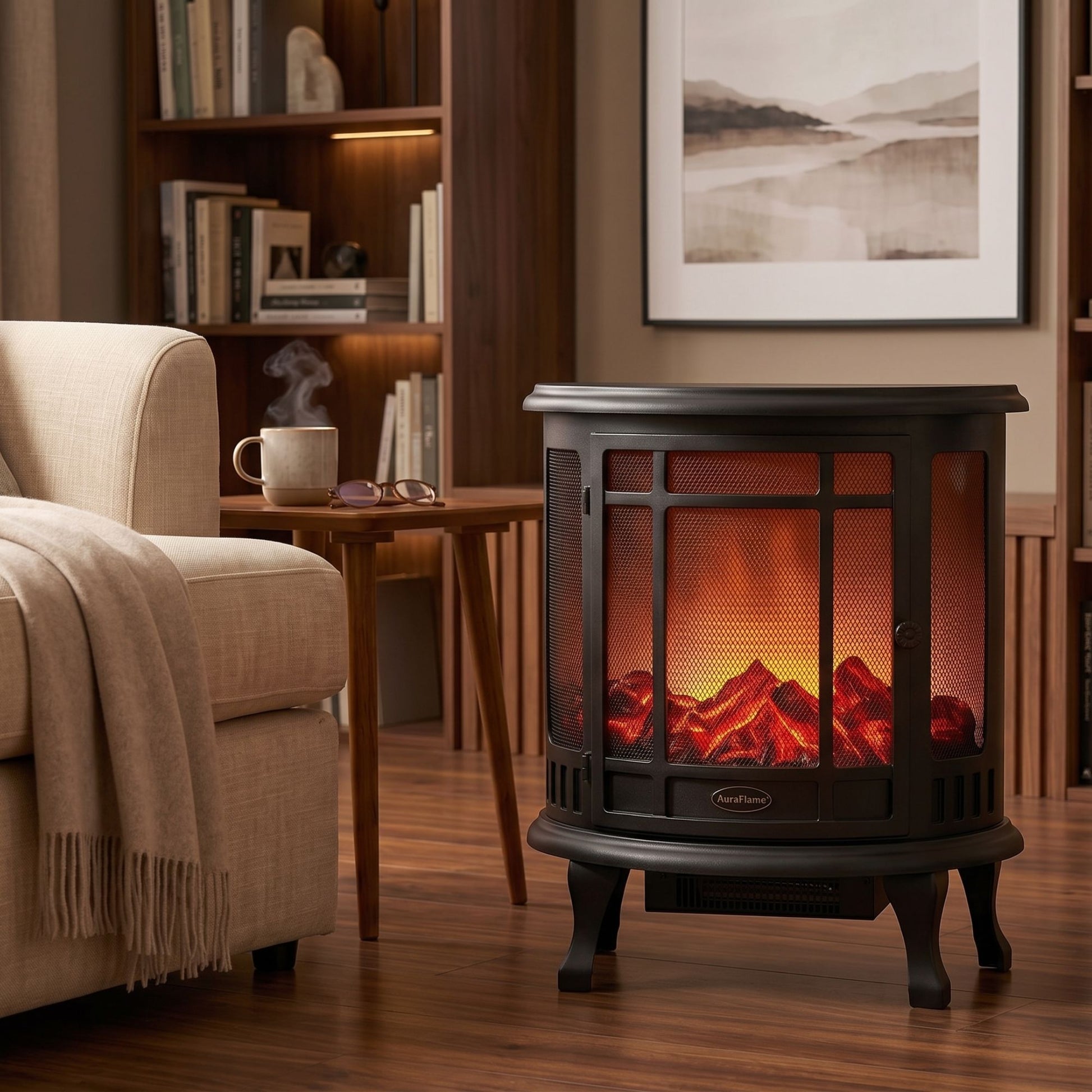 Freestanding black curved fireplace stove with mesh front panel and legs, featuring glowing LED flame effect and burning log bed.-1