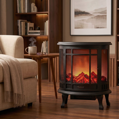 Freestanding black curved fireplace stove with mesh front panel and legs, featuring glowing LED flame effect and burning log bed.-1