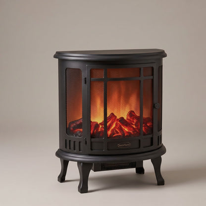 Freestanding black curved fireplace stove with mesh front panel and legs, featuring glowing LED flame effect and burning log bed.