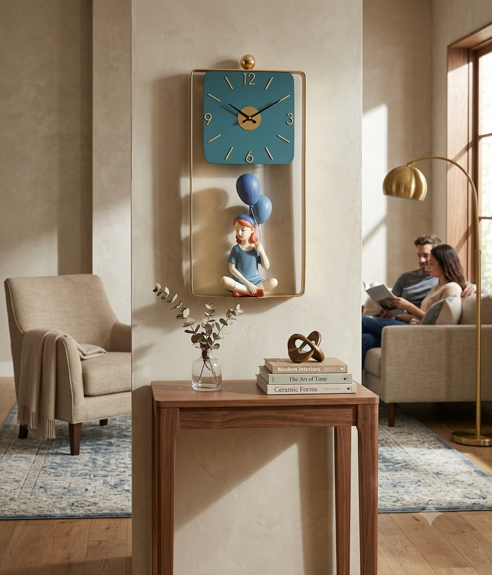 Relife Metal Wall Clock Antique Decorative Size- 43X22 cm | Balloon Girl Blue