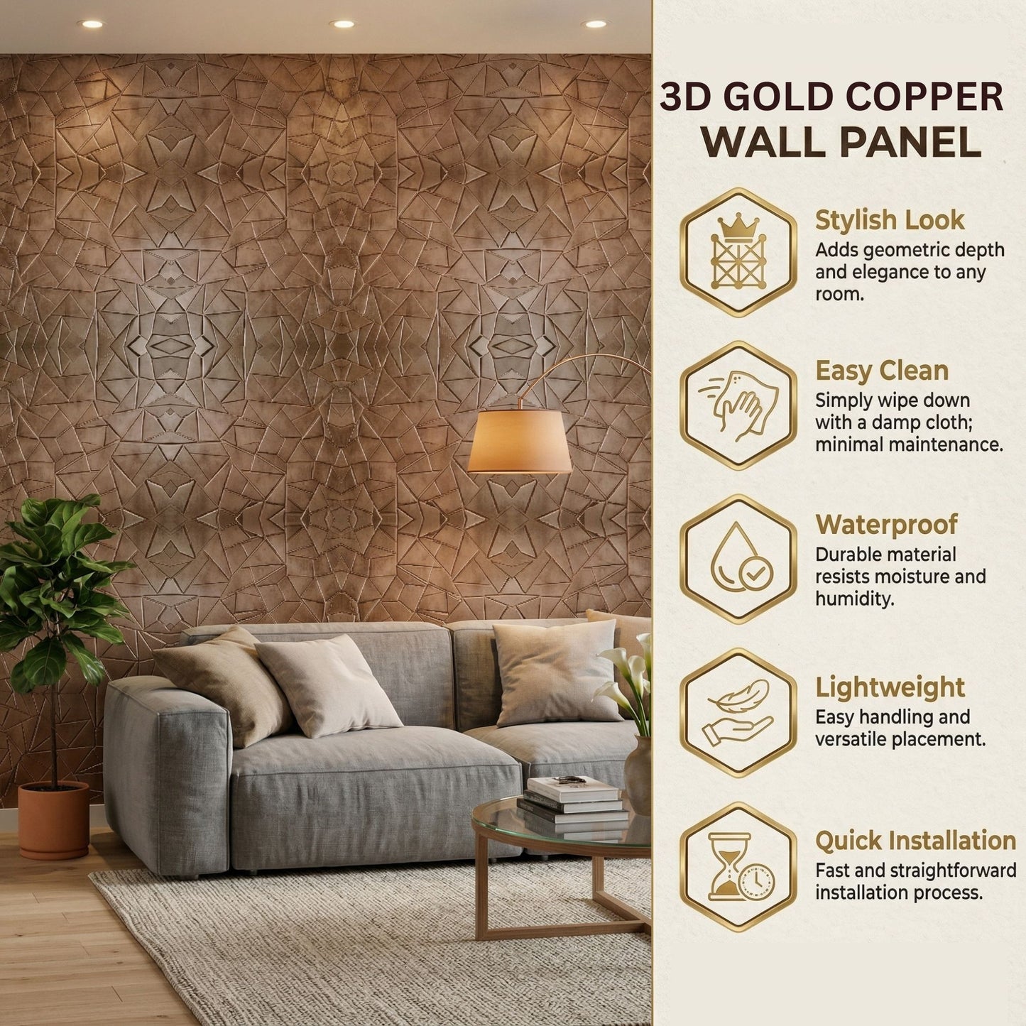 Gold Copper Geometric Design 3D Wall Panel-6