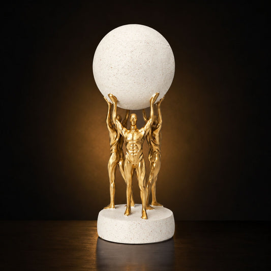 Golden Abstract Human Sculpture Holding Decorative Sphere for Home Decor