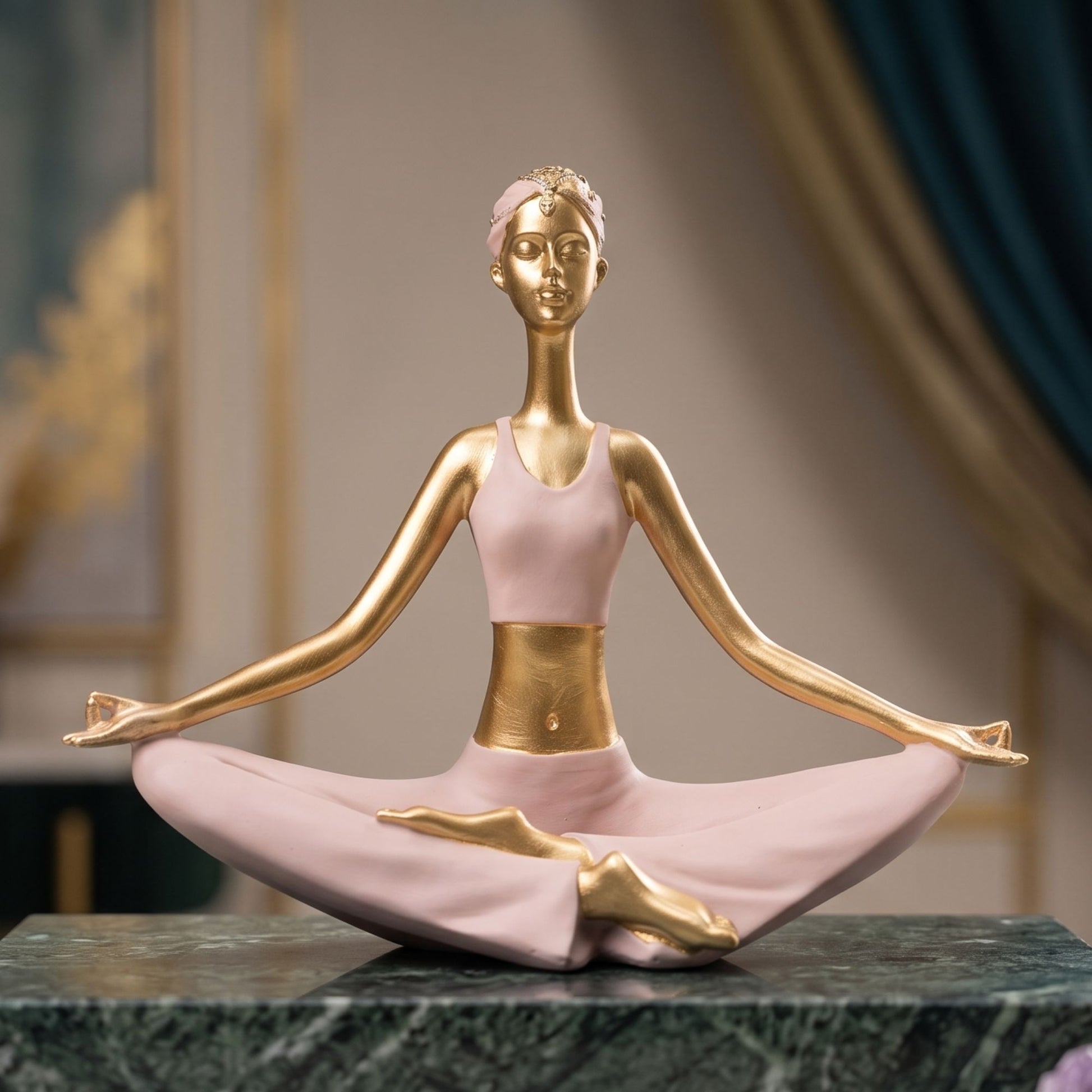 Golden resin sculpture of a serene woman sitting in lotus yoga posture wearing a light pink outfit for tabletop decor.