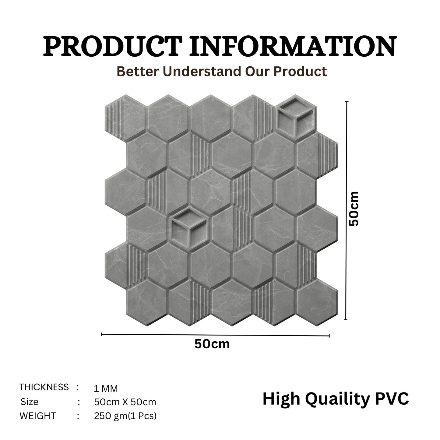 Gray Marble Self Adhesive Panels Hexagon Design
Hexagonal PVC tiles with dimensions and product information on a white background