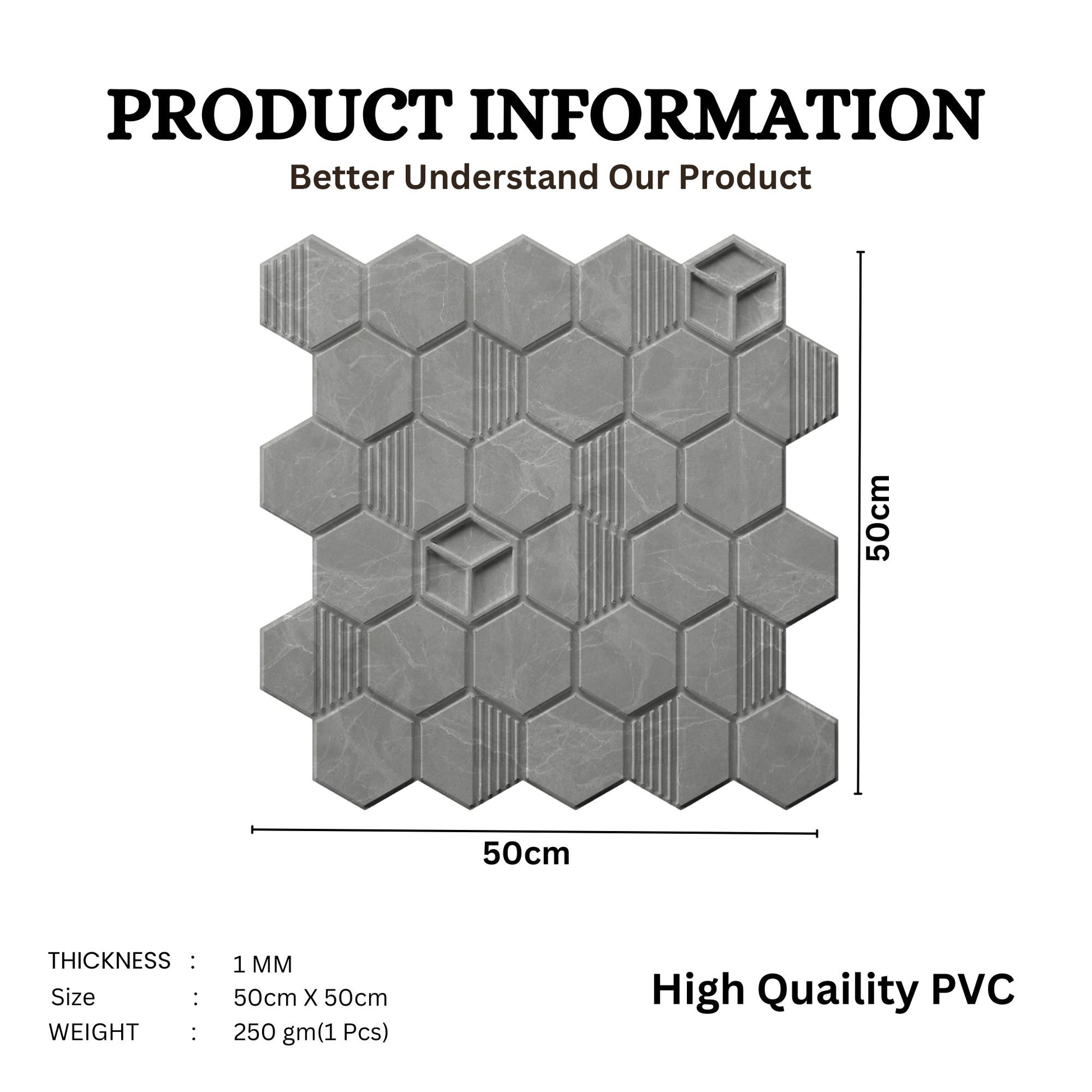 Gray Marble Self Adhesive Panels Hexagon Design
Hexagonal PVC tiles with dimensions and product information on a white background