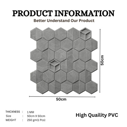 Gray Marble Self Adhesive Panels Hexagon Design
Hexagonal PVC tiles with dimensions and product information on a white background