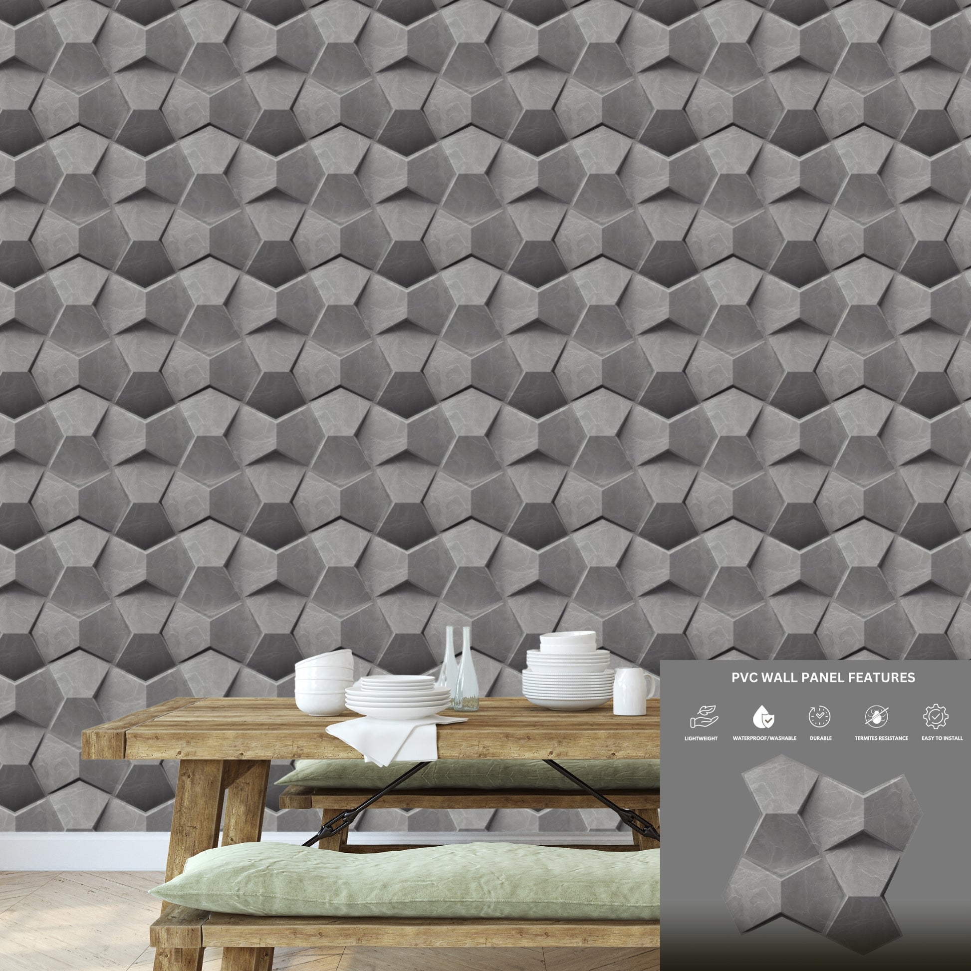 Gray Marble 3D Wall Panels Hexa quarter Design