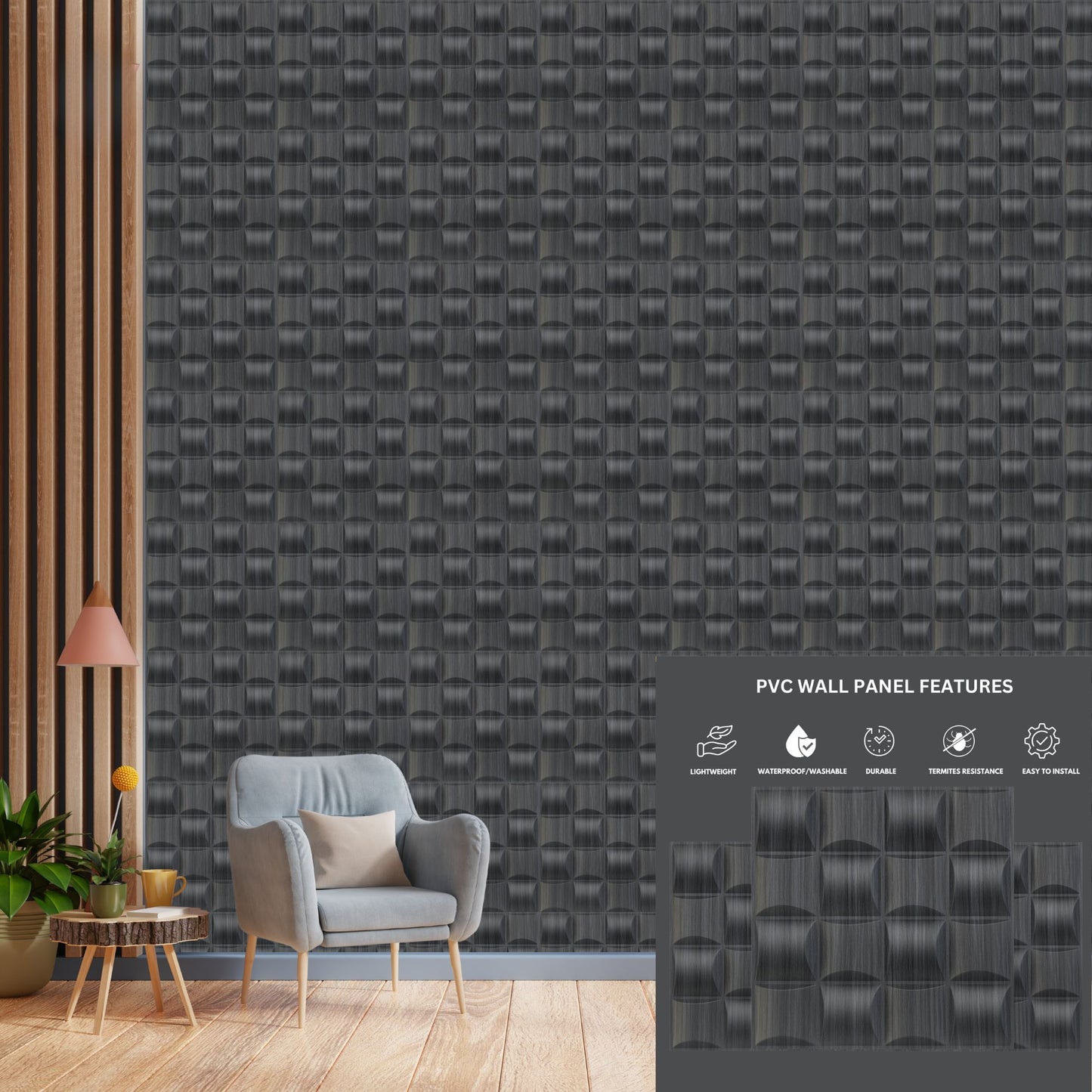 Gray Pine Wood Block Design 3D Wall Panel View-2