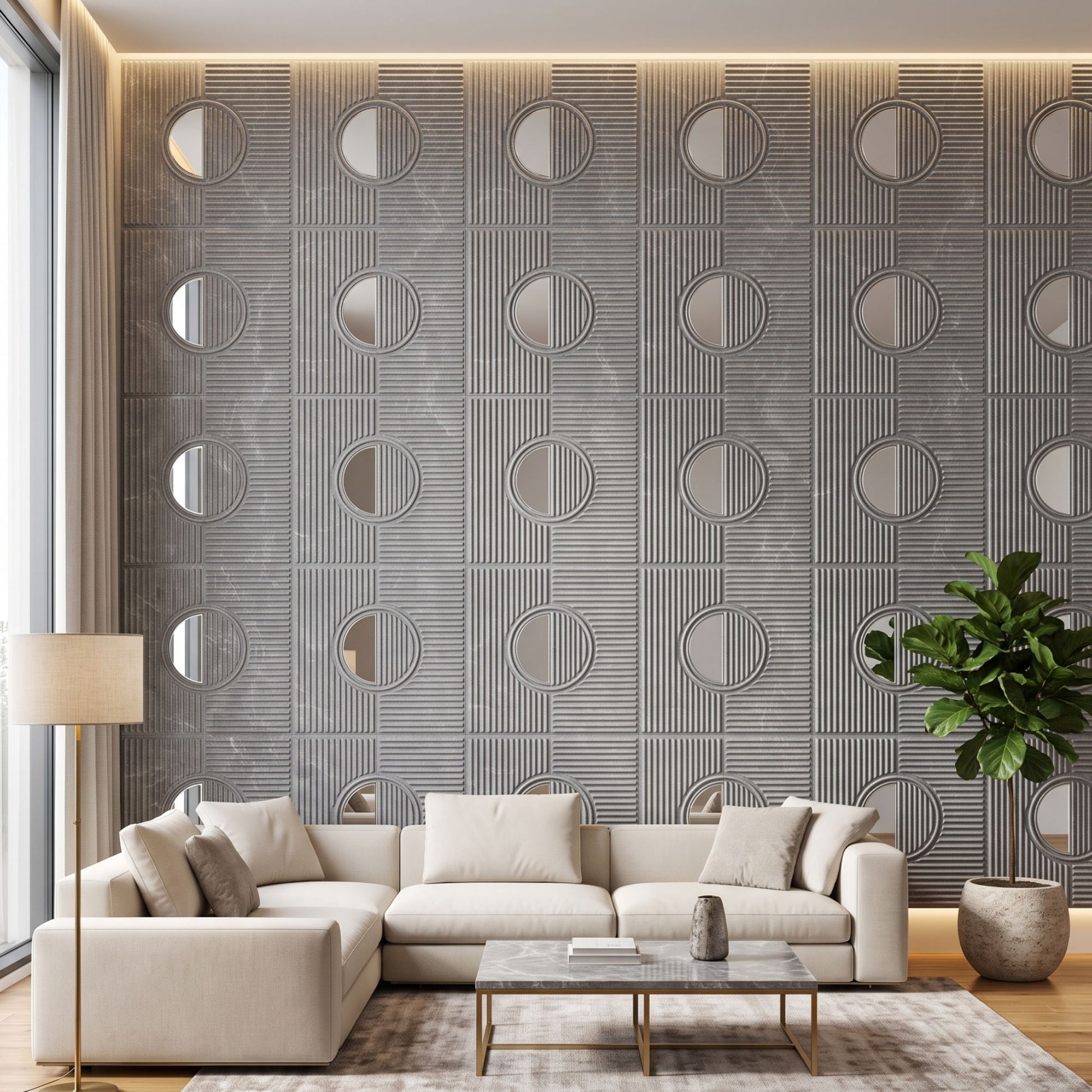 Grey Marble - Silver Self Adhesive PVC wall Panels Fluted Circle Design
