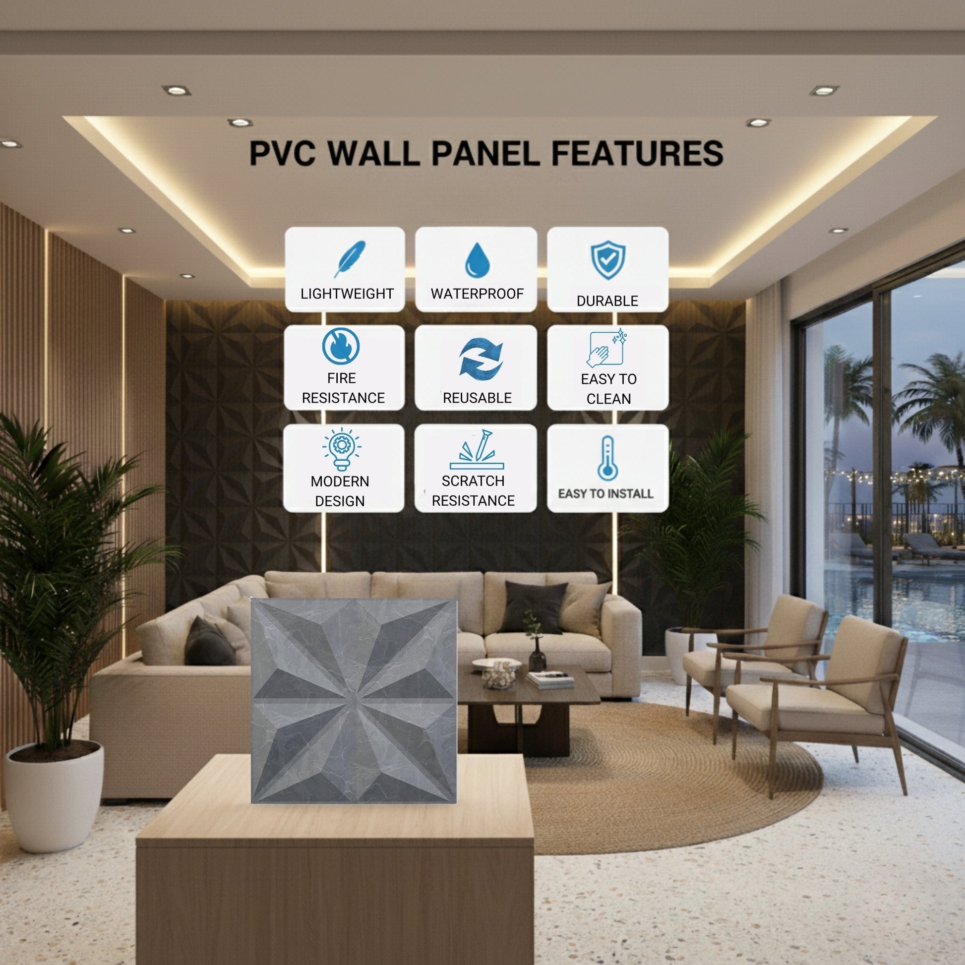 Grey Marble Crystal Design 3D Wall Panel View-3