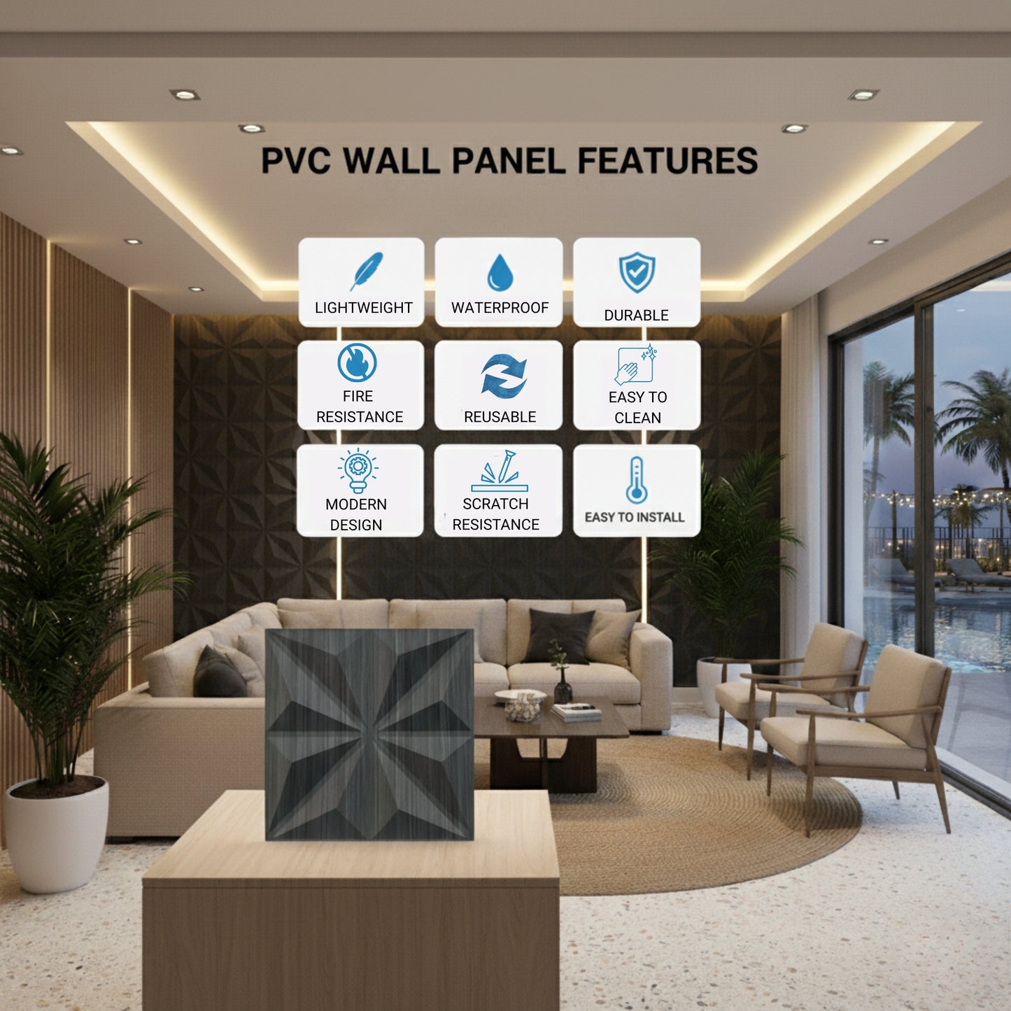 Grey Pine Wood Crystal Design 3D Wall Panel Front View-3