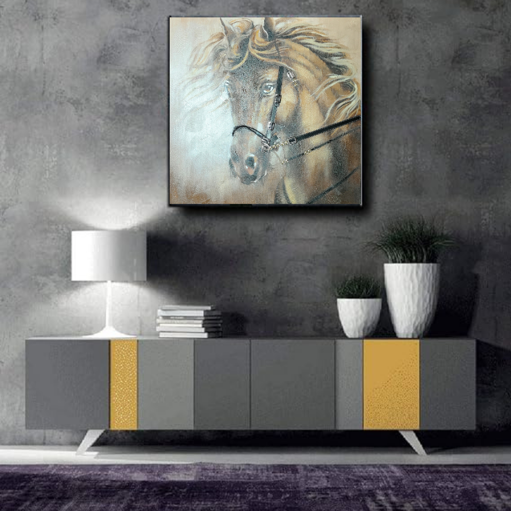 Handmade Embossed Canvas Art Painting With Wooden Frame for Wall Decor, Horse Portray Painting Art, Size - 81 (H) X 81 (W) Cm