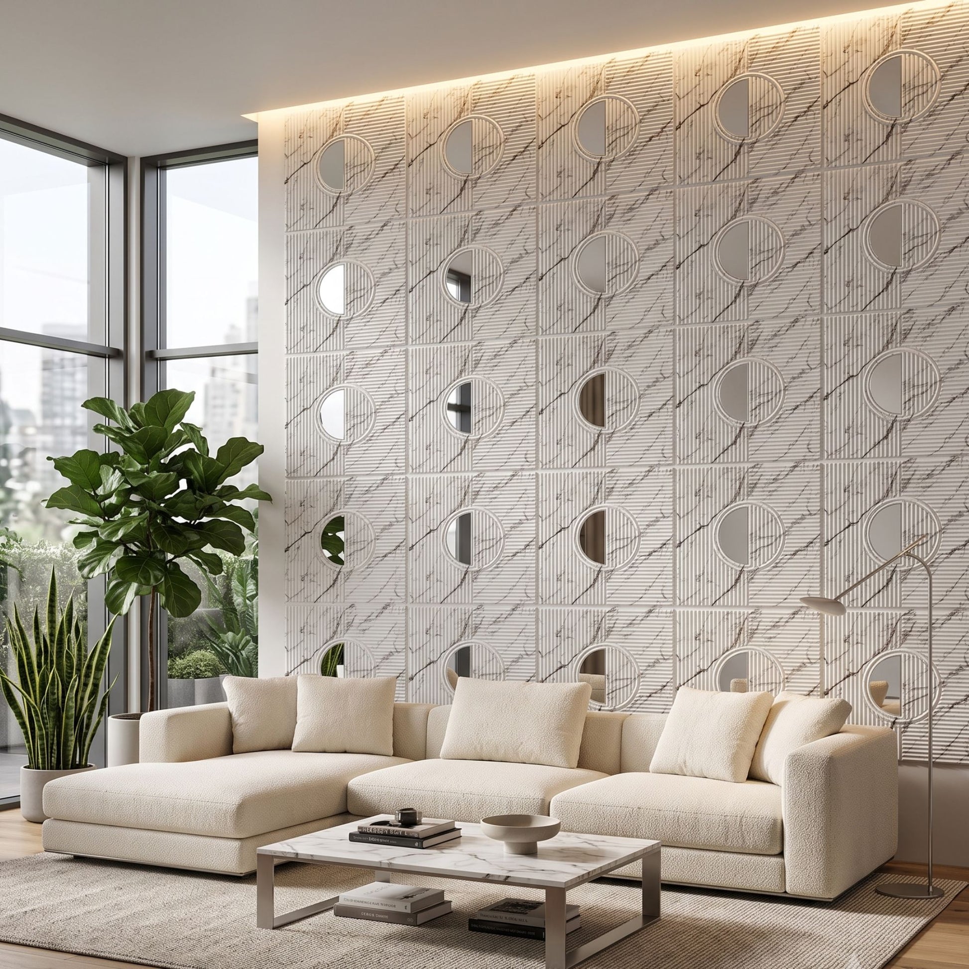 Imperial White - Silver Self Adhesive PVC wall Panels Fluted Circle Design
