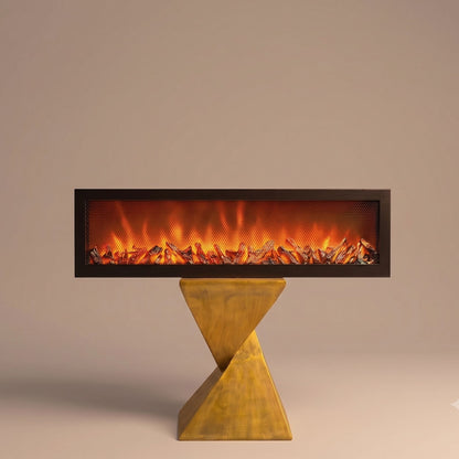 Long rectangular black mesh LED fireplace lamp mounted on a twisted geometric brass gold pedestal stand.-1