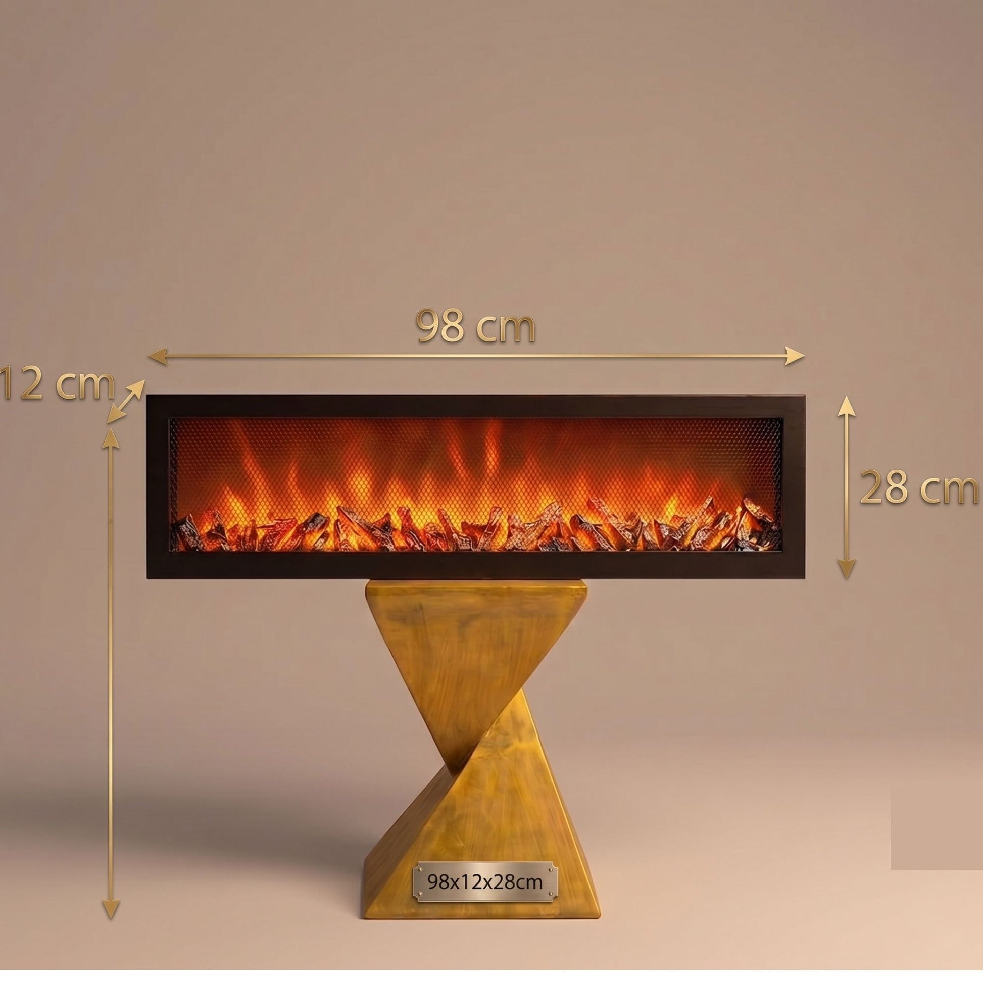 Long rectangular black mesh LED fireplace lamp mounted on a twisted geometric brass gold pedestal stand.-3