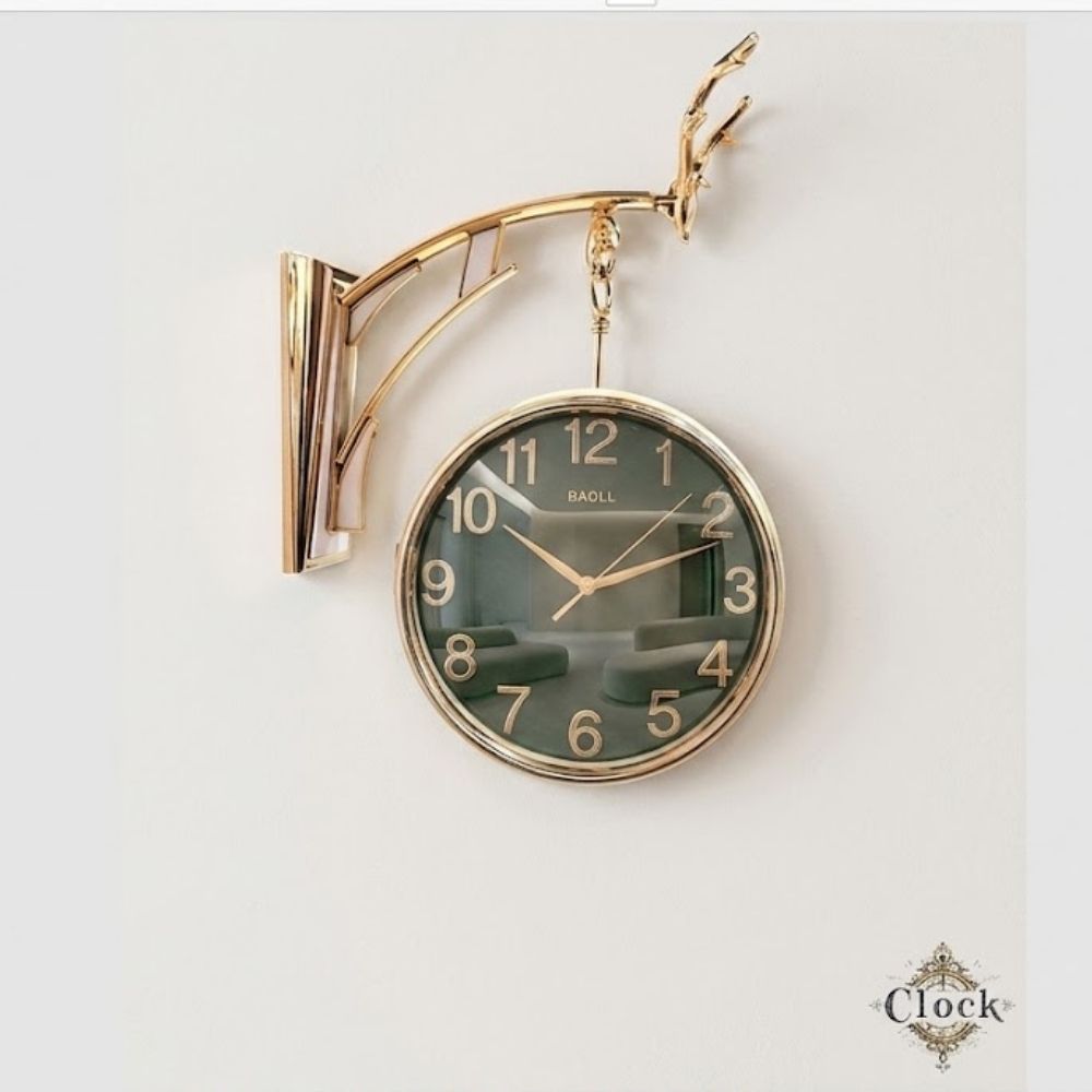 Luxury Dark Green Dial Double-Sided Hanging Wall Clock with Golden Deer Antler Bracket for Living Room Decor
