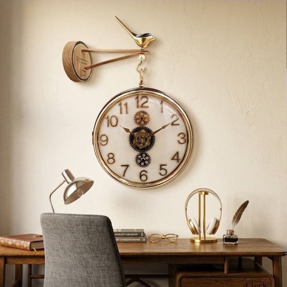 Luxury Oak White Dial Station Wall Clock with Golden Bird Hanging Bracket & Moving Gear Mechanism