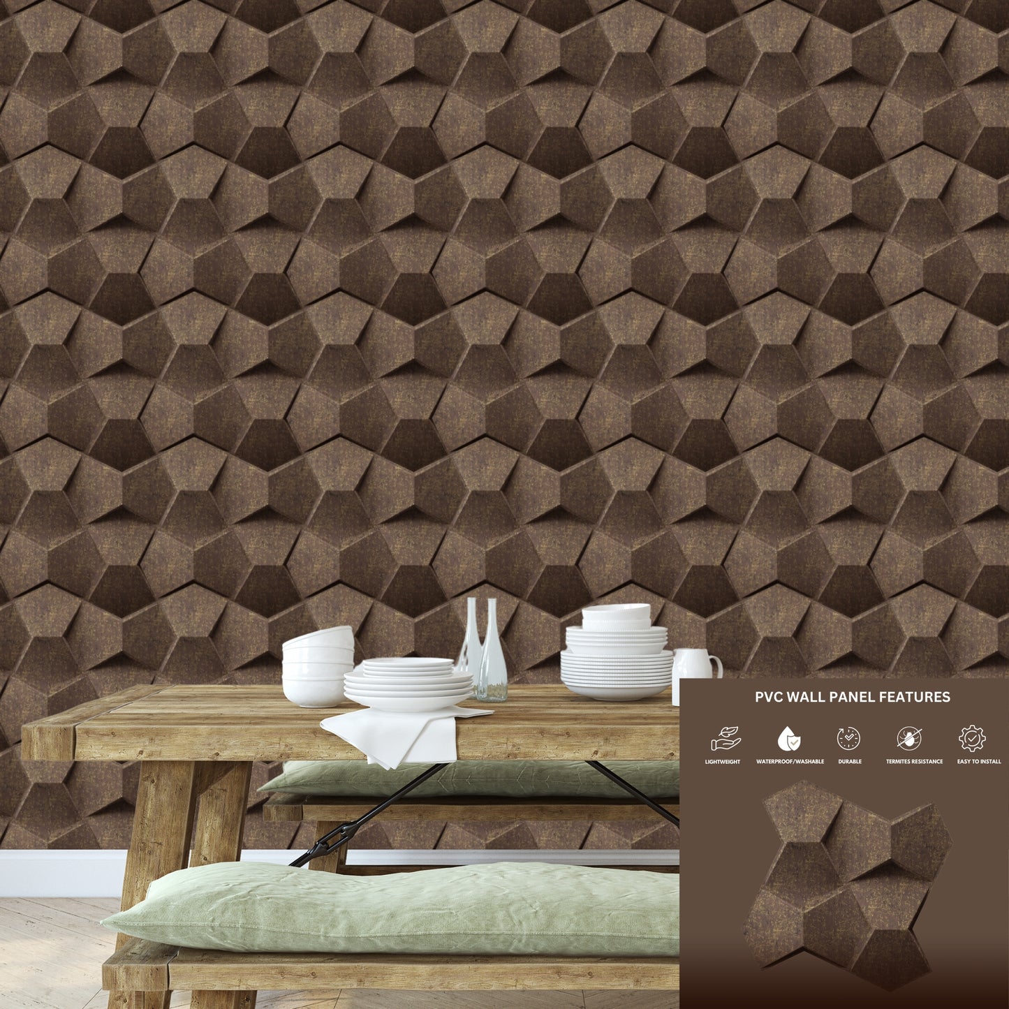 Magnum Brown 3D Wall Panels Hexa quarter Design