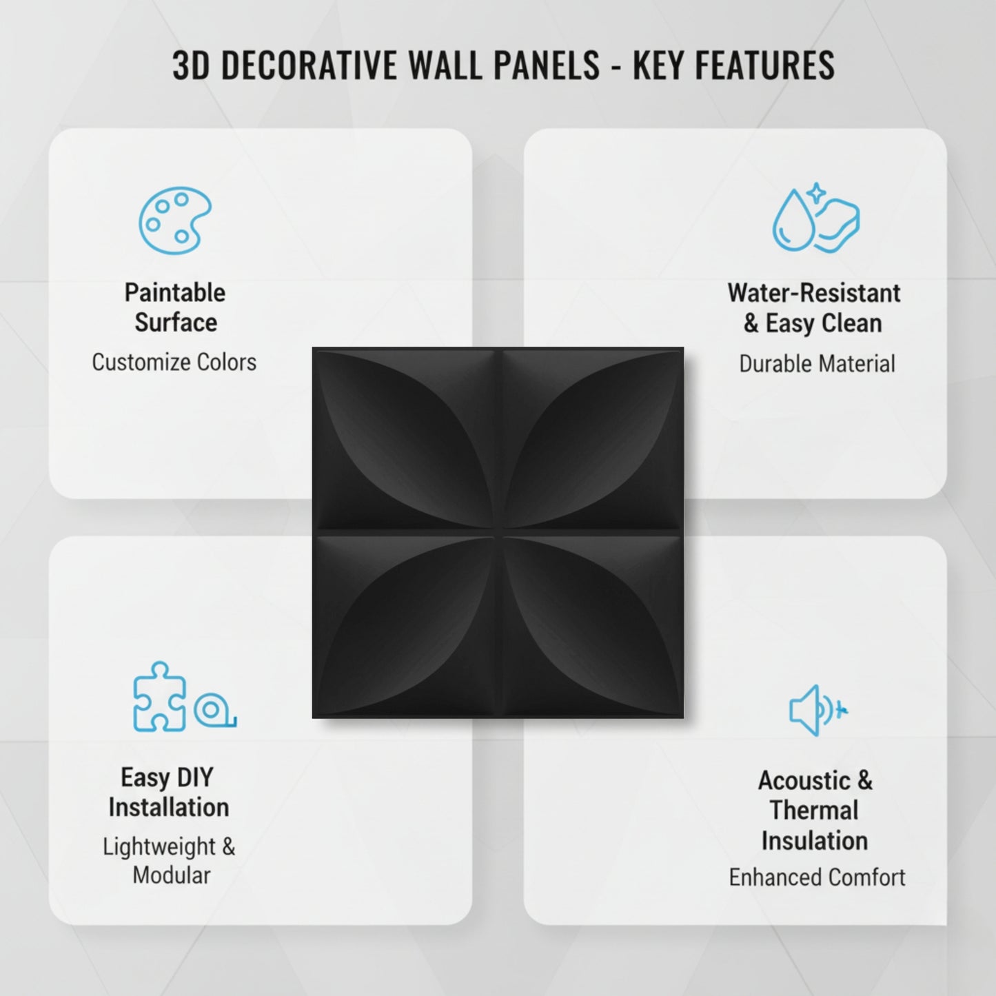 Matt Black Butterfly Design 3D Wall Panel Front View