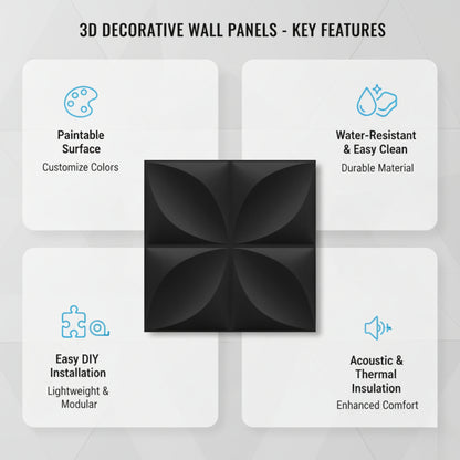 Matt Black Butterfly Design 3D Wall Panel Front View